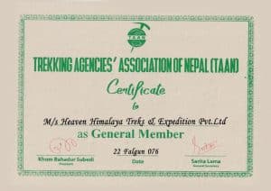 Taan Certificate of Heaven Himalaya Treks and Expedition